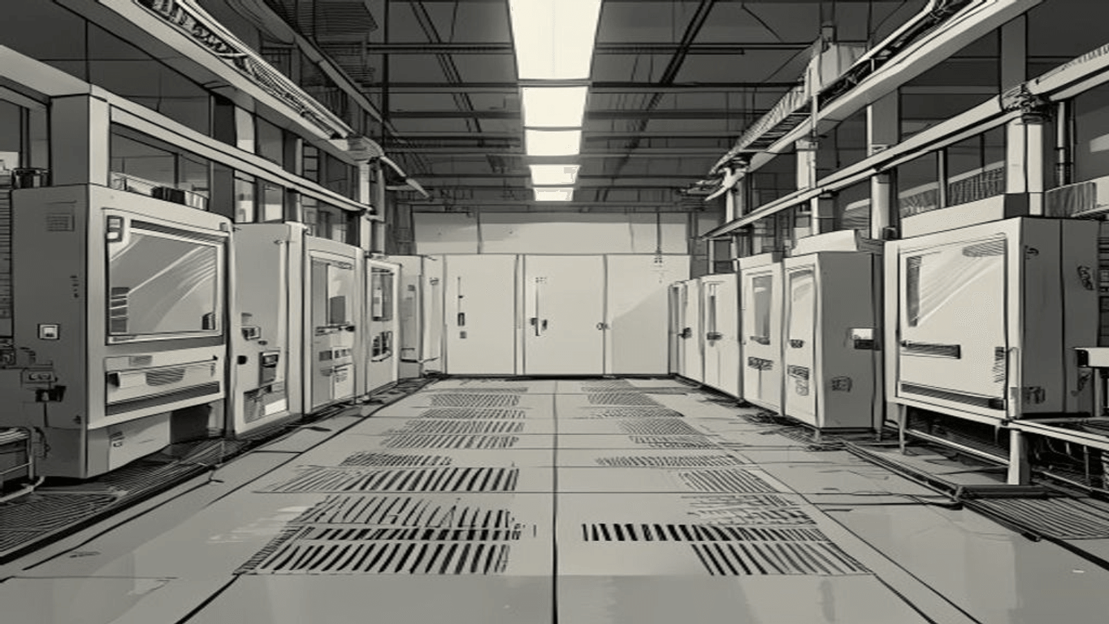 Six refrigerator mould families lined up in tool room — kitchen / chest / display / cake / island / workbench