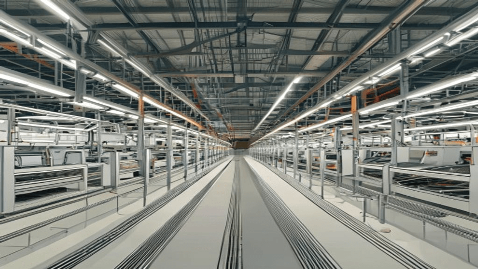Refrigerator factory layout — overhead wide shot showing parallel production lines + foaming stations