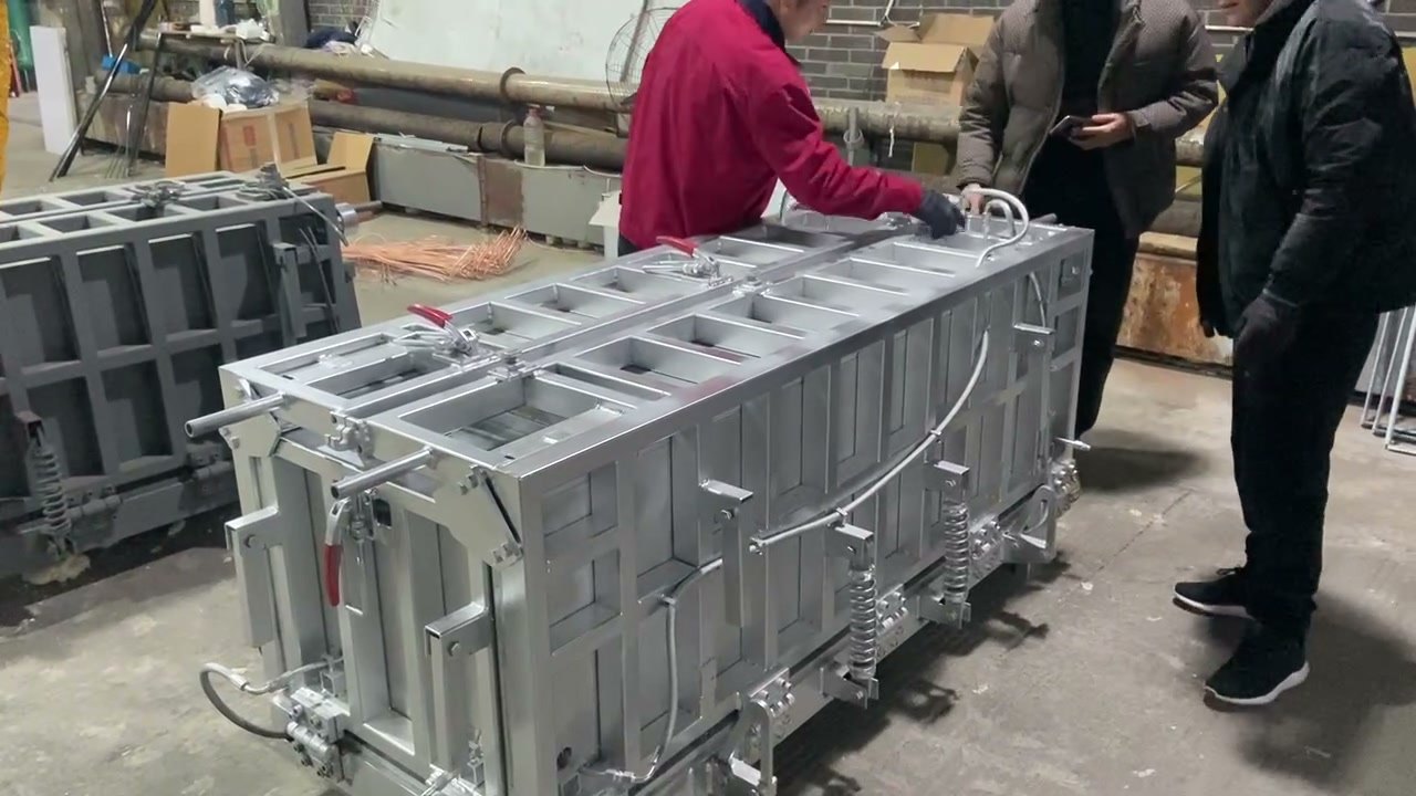 Refrigerator foaming mould with ribbed hinged side panels in our workshop