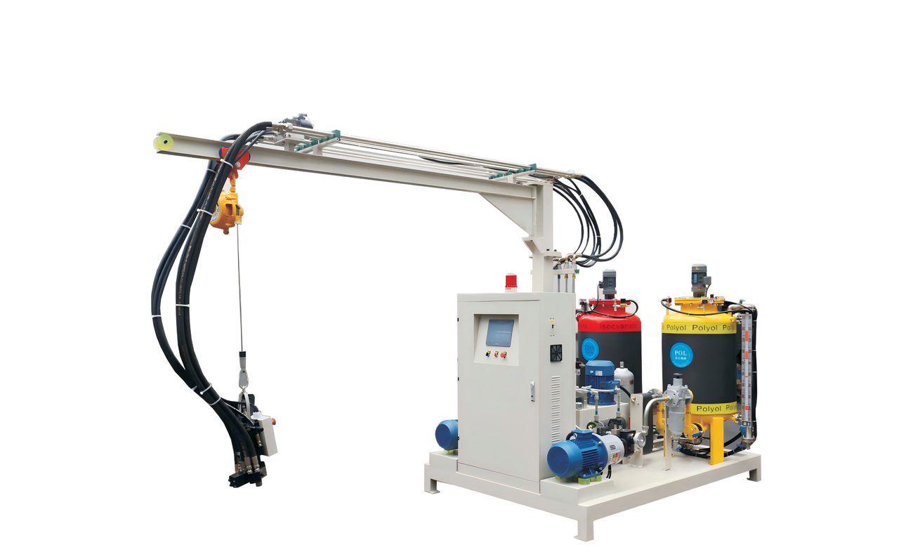 High-pressure PU foaming machine for cold-room panel production — POL + Cyclopentane + ISO metering with positionable injection arm