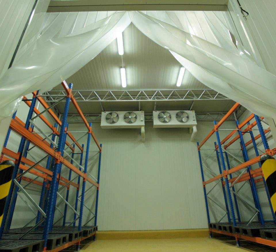 Commercial walk-in cooler interior with pallet racking, evaporator fans, plastic strip curtain — typical supermarket / restaurant back-room cold storage