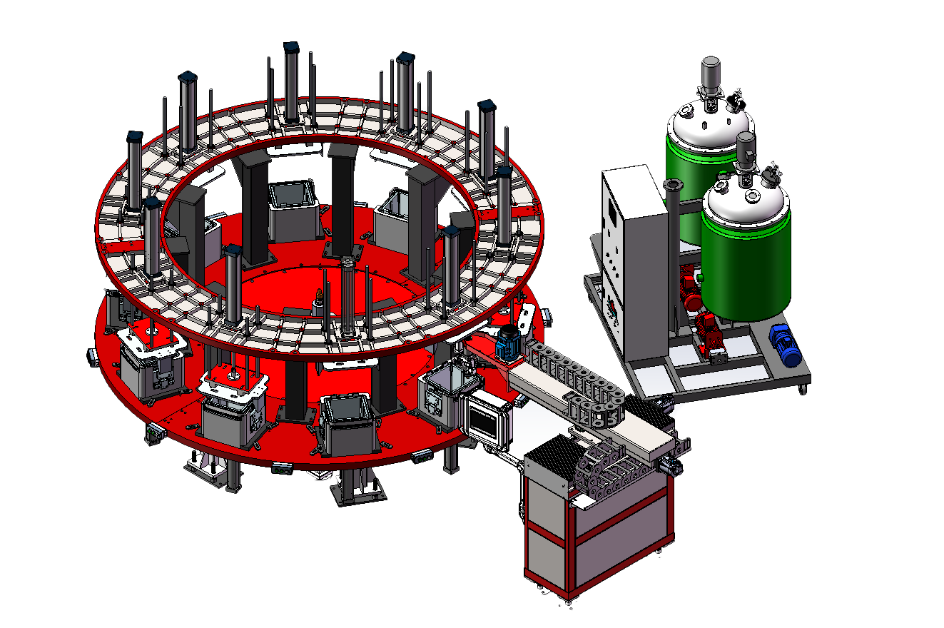 UREXCEED PU foaming line CAD topology — 12-position rotary carousel, PU metering tank skid, control cabinet, shell feeder conveyor